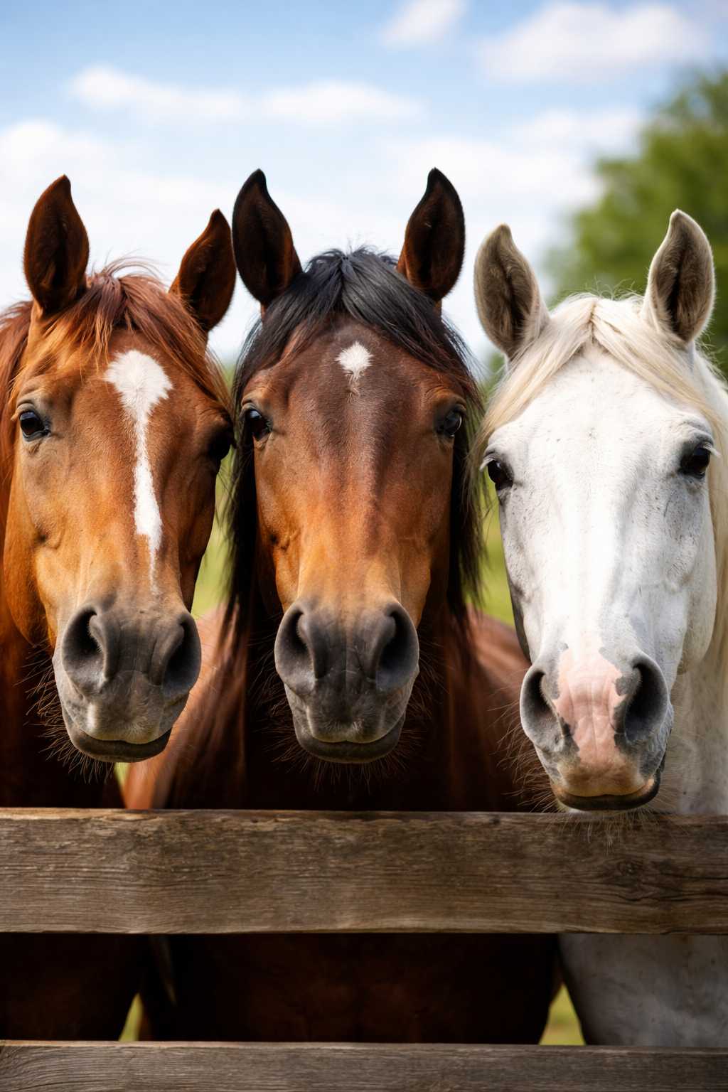 Drei Pferdeköpfe – zwei braune und ein weißes Pferd – schauen neugierig über einen Holzzaun auf der Weide