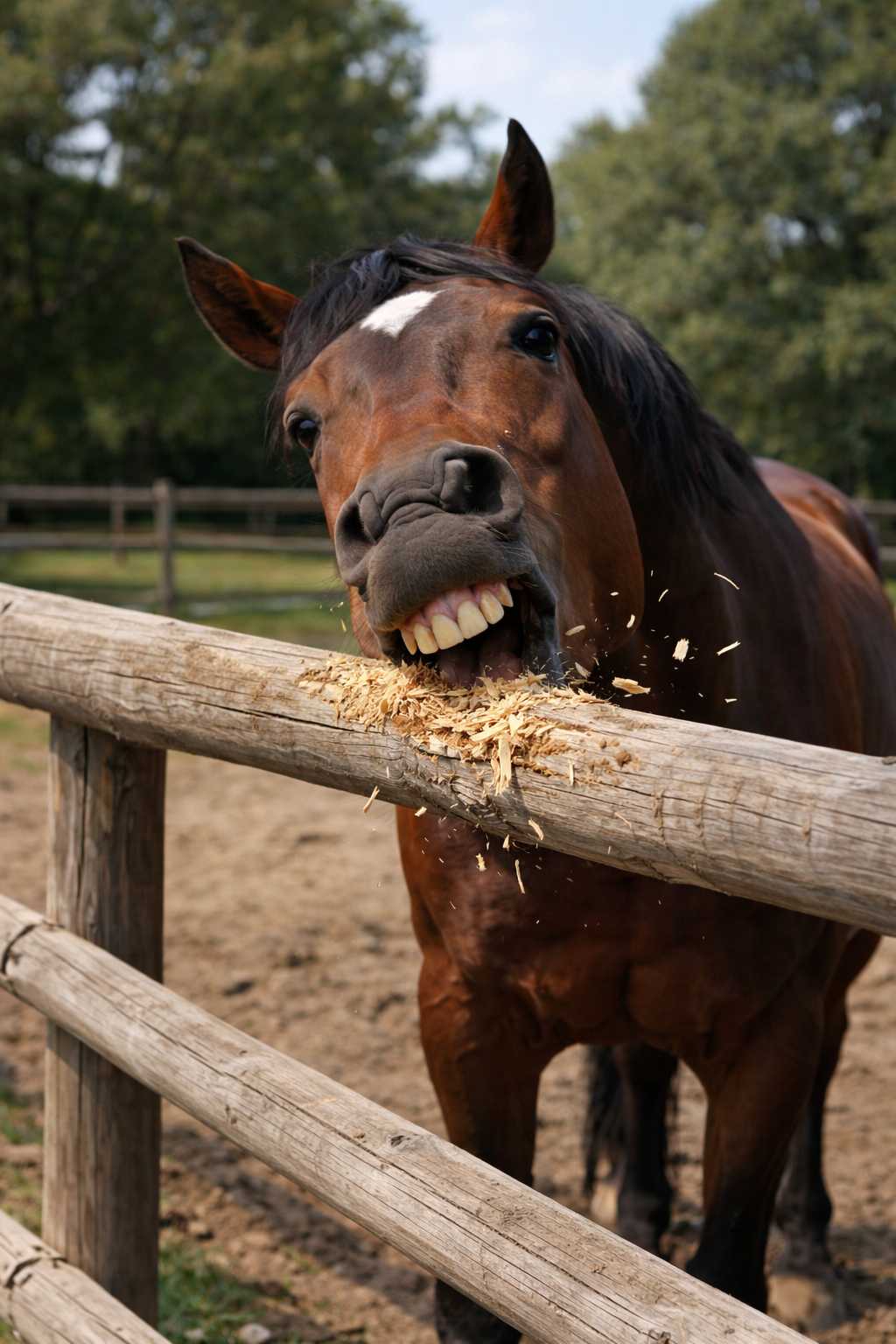 Pferd beißt und knabbert an einem Holzzaun auf der Pferdeweide