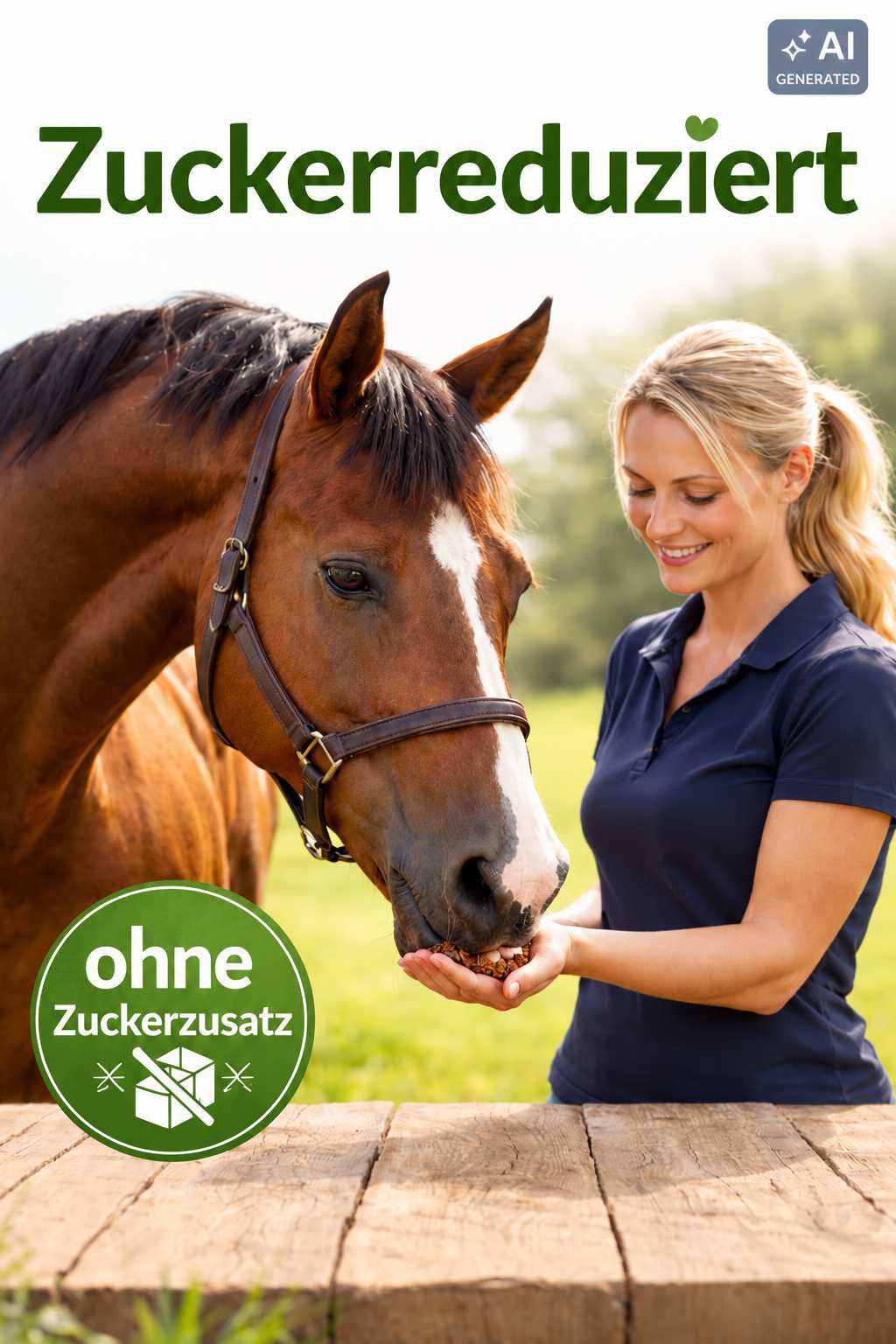 Lächelnde Frau füttert ein braunes Pferd aus der Hand. Die Aufschriften „Zuckerreduziert“ und „ohne Zuckerzusatz“ verdeutlichen das Thema der Pferdefütterung.