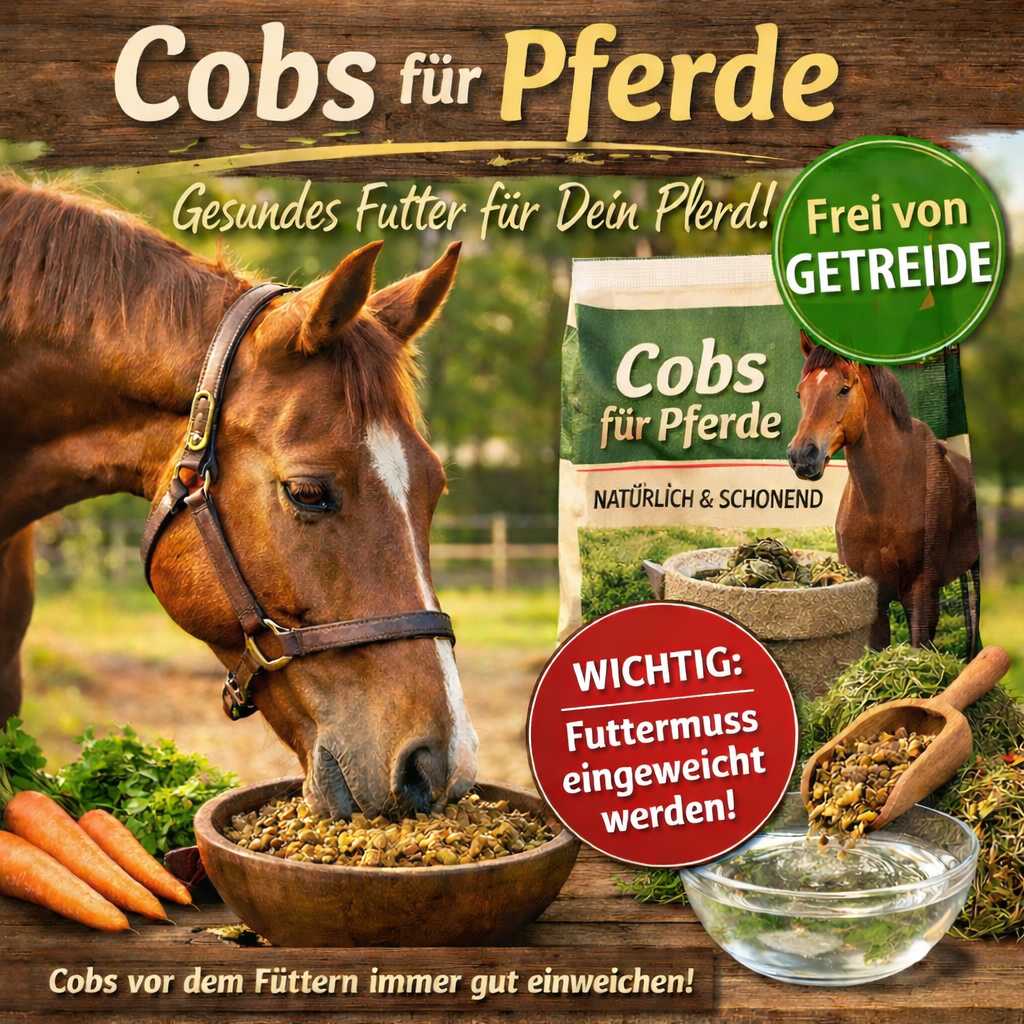 Pferd frisst eingeweichte Cobs aus Futterschüssel neben Sack mit getreidefreien Cobs für Pferde
