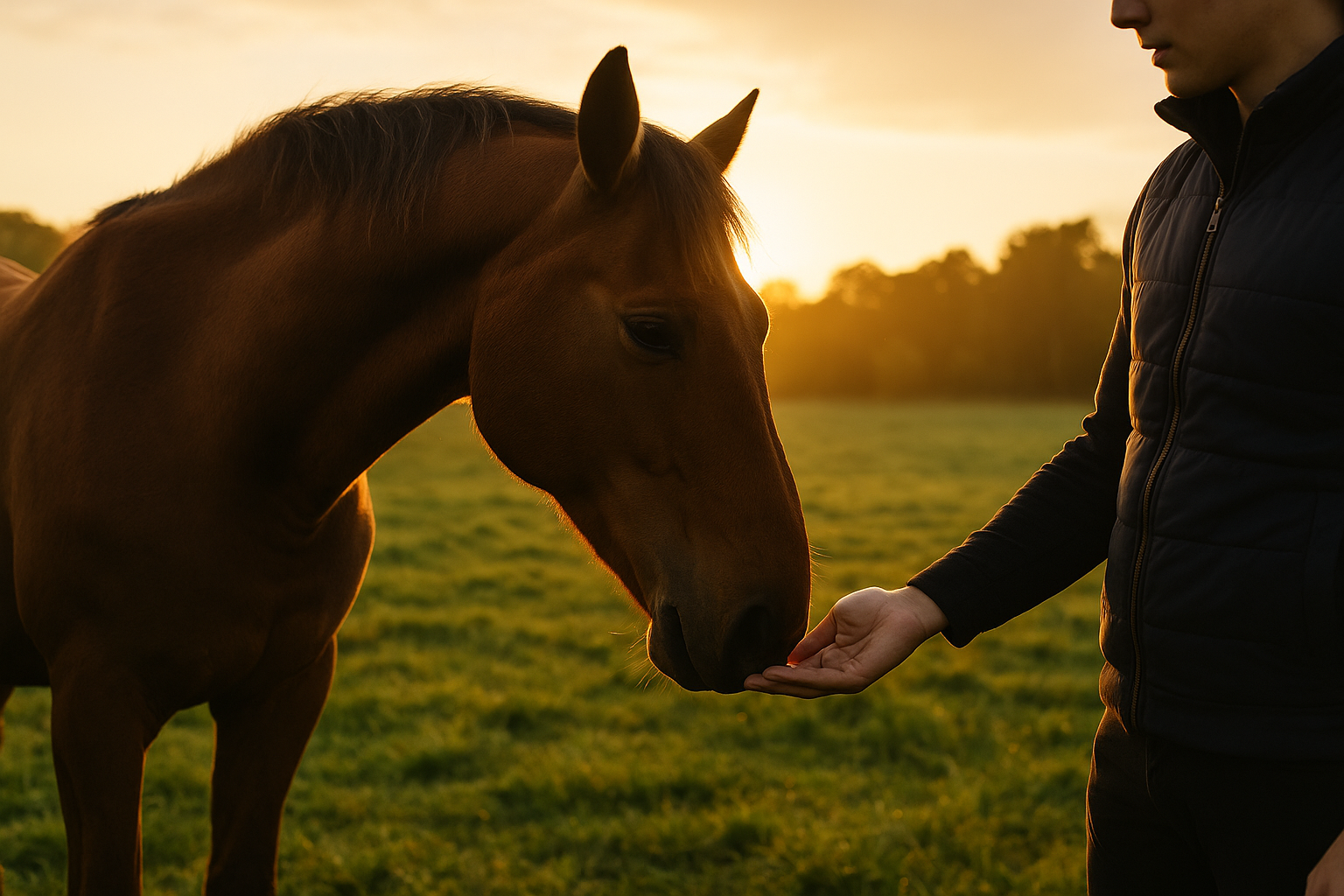 Pferd auf grüner Wiese bei Sonnenaufgang, symbolisiert Natürlichkeit, Nachhaltigkeit und Fürsorge – Havens Philosophie