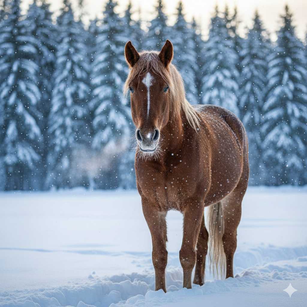 Braunes Pferd mit heller Mähne steht im Schnee vor einem Hintergrund aus verschneiten Nadelbäumen, während leichte Schneeflocken fallen.