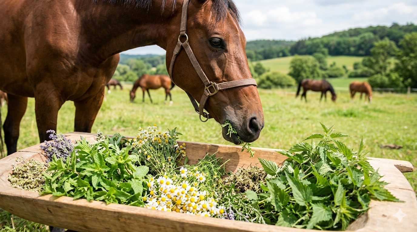 Braunes Pferd frisst frische Kräuter aus einer Holzschale auf einer grünen Weide
