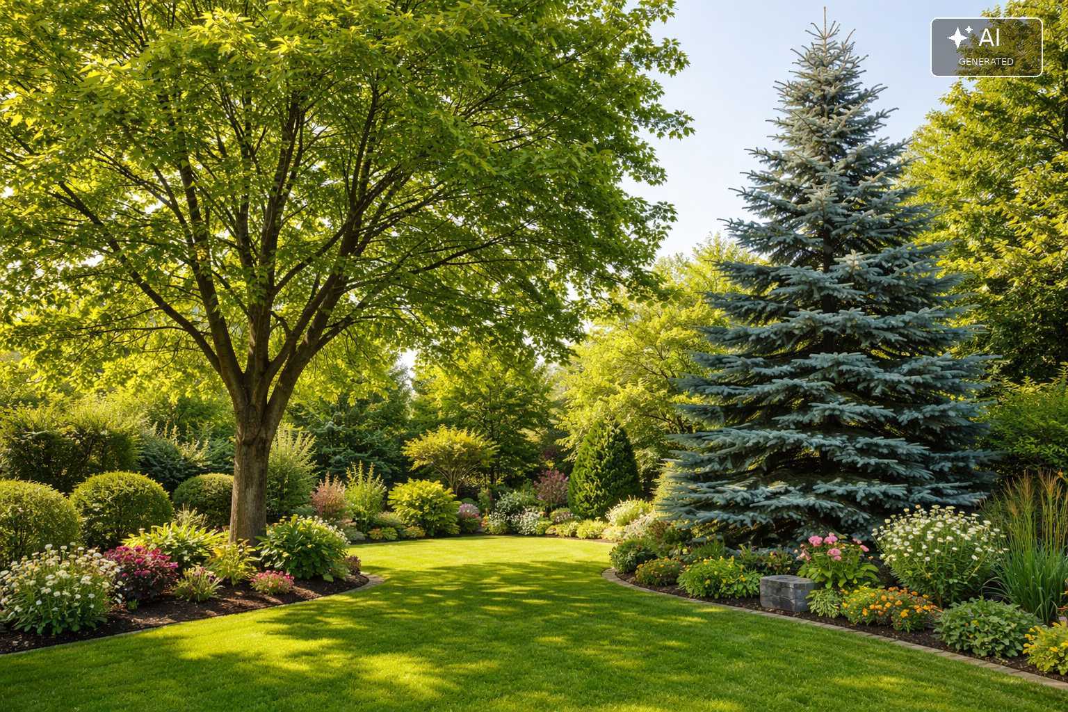 Sonniger Ziergarten mit großem Laubbaum, Tanne, Rasen und blühenden Beeten