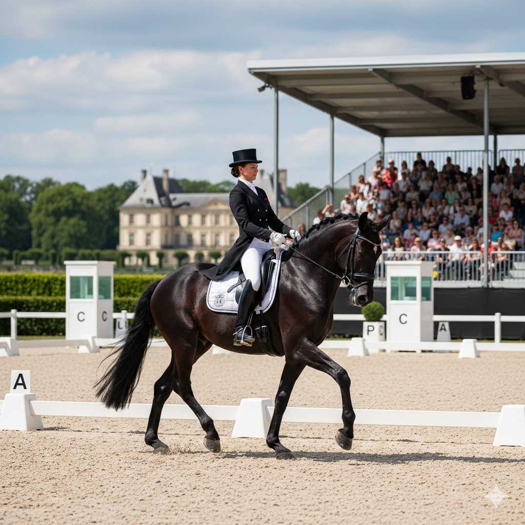 Eine Dressurreiterin im Frack und Zylinder reitet ein schwarzes Pferd in einer Turnierarena, im Hintergrund sitzen Zuschauer auf einer Tribüne vor einem Schlossgebäude.