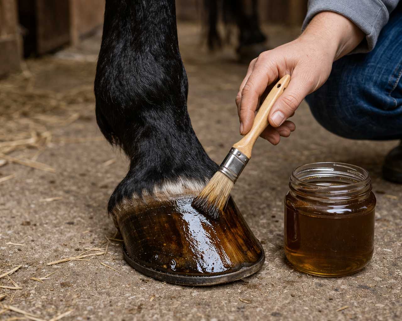 Hand trägt mit Pinsel Huföl auf den Pferdehuf auf, daneben steht ein Glas mit Pflegeöl
