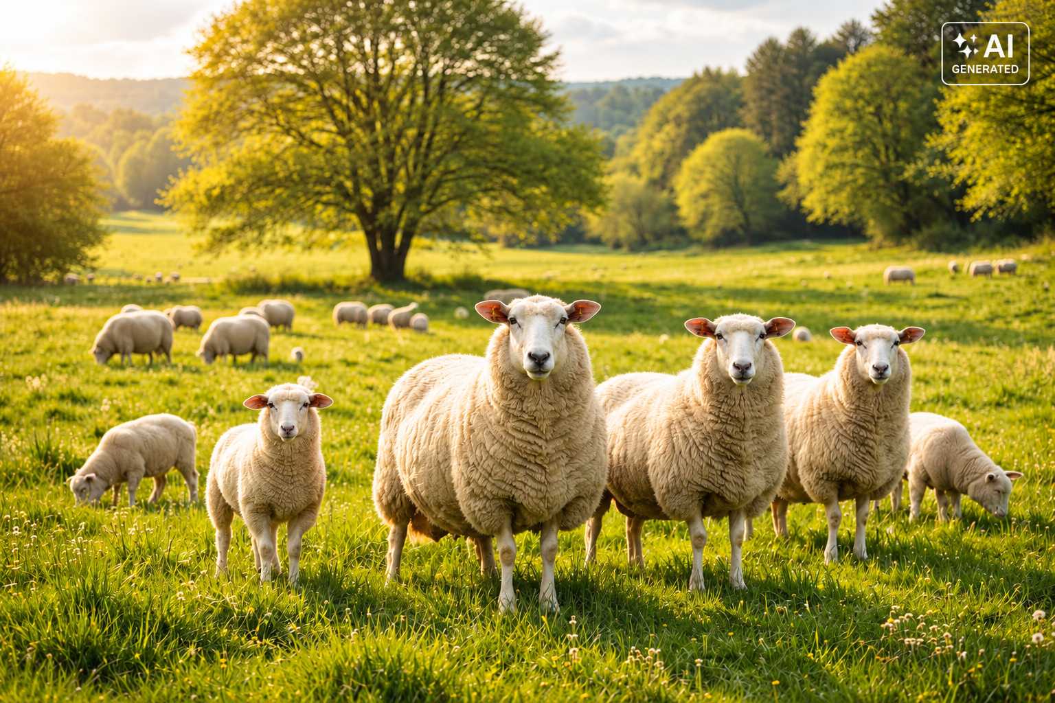 Mehrere Schafe und Lämmer auf einer sonnigen Weide mit Bäumen