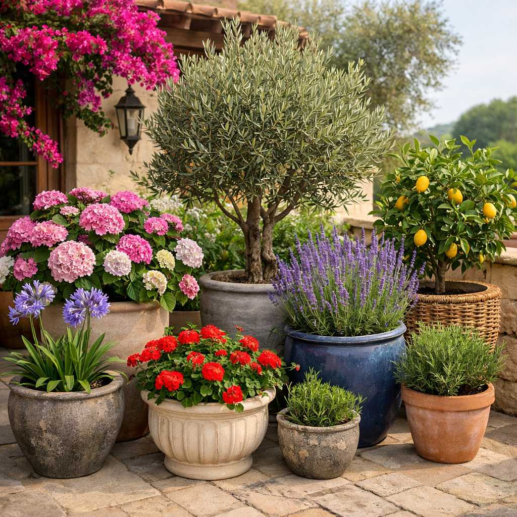 Verschiedene blühende Kübelpflanzen wie Olivenbaum, Lavendel, Hortensien und Zitronenbaum auf einer sonnigen Terrasse