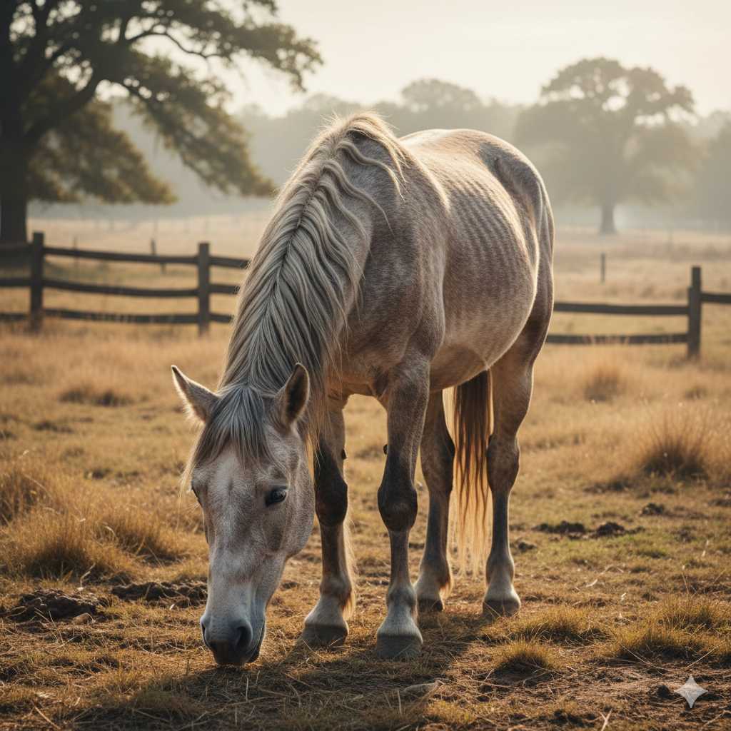 Ein grau-weißes Pferd steht auf einer trockenen Weide und frisst Gras, im Hintergrund sind Holzzäune und Bäume im sanften Morgenlicht zu sehen.