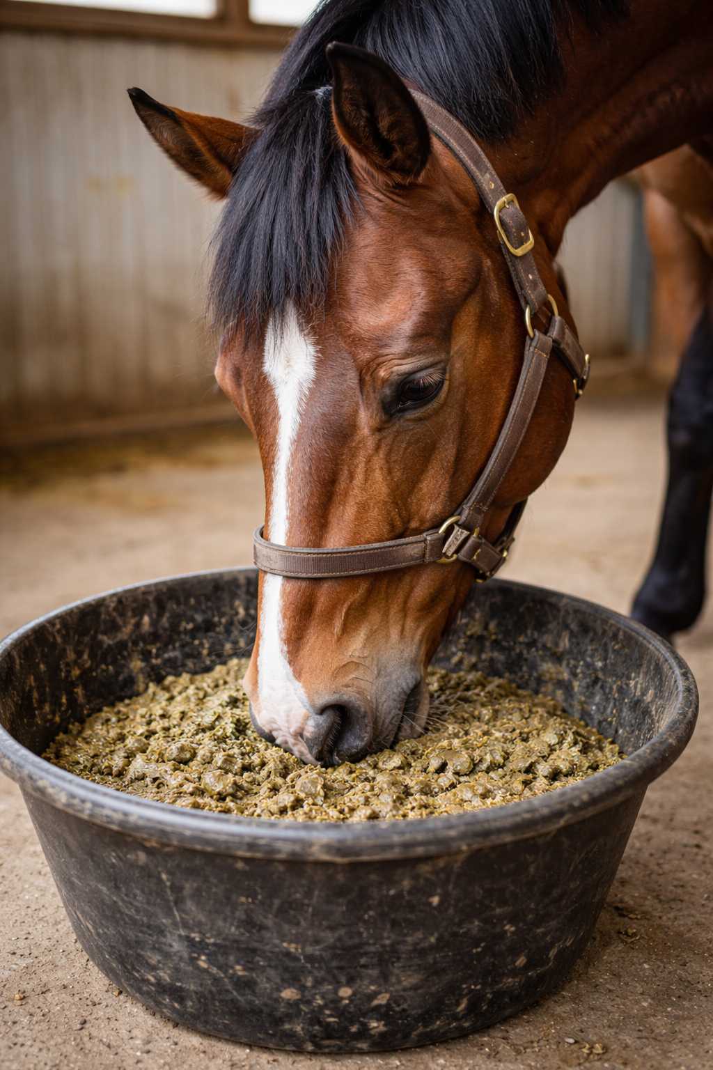 Braunes Pferd frisst Pferdefutter aus einem großen Futternapf im Stall