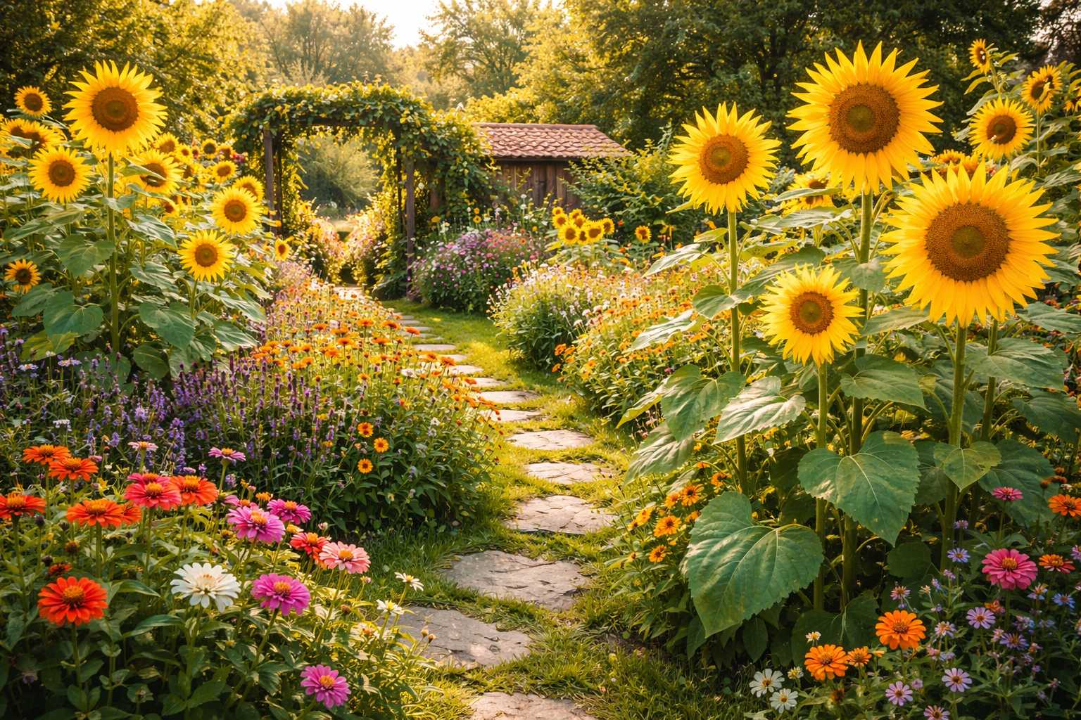 Gartenweg durch ein üppiges Blumenbeet mit Sonnenblumen, Zinnien und vielen bunten Blüten im Sommer