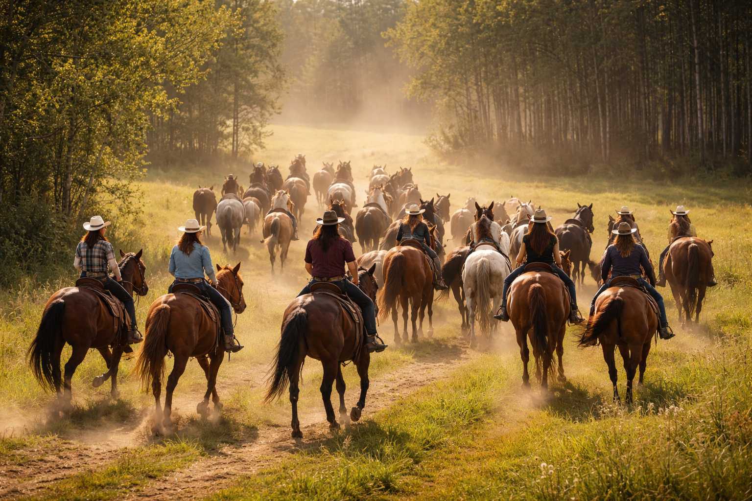 Große Gruppe von Reitern reitet gemeinsam mit vielen Pferden durch eine sonnige Landschaft auf einem Naturweg