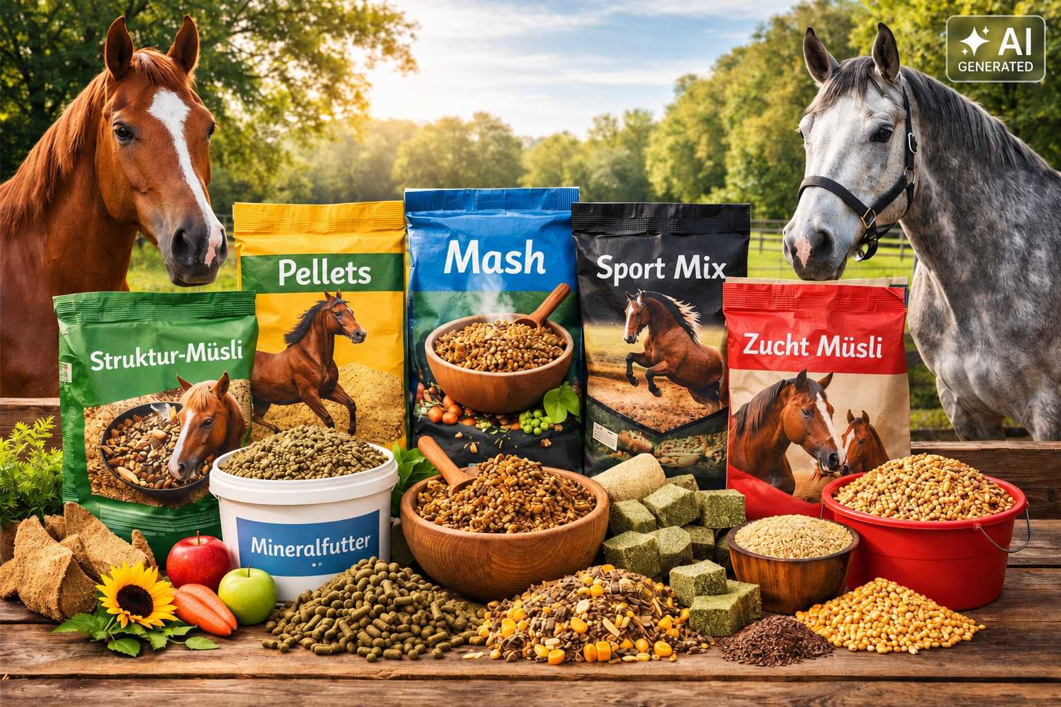 Braunes und graues Pferd neben verschiedenen Pferdefuttersorten wie Strukturmüsli, Pellets, Mash, Sportmix, Zuchtmüsli und Mineralfutter. Futterschalen und Zutaten stehen auf einem Holztisch.