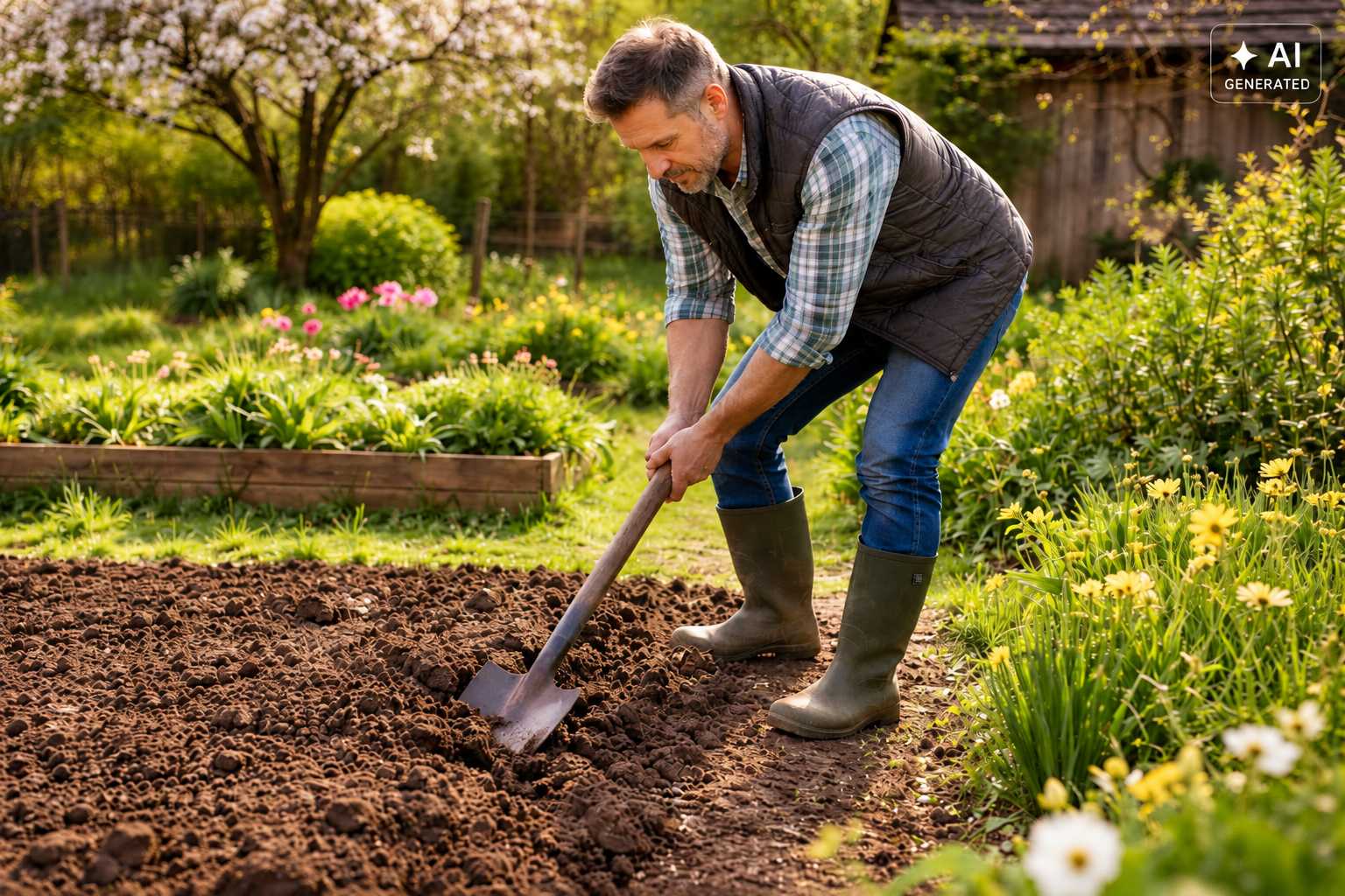 Mann lockert mit einem Spaten die Erde in einem Gartenbeet