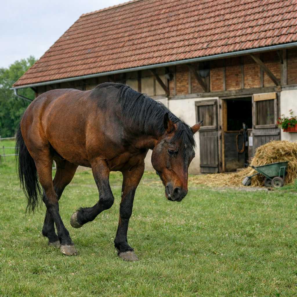 Braunes Pferd mit angehobenem Vorderbein zeigt Anzeichen von Lahmheit auf einer Wiese vor einem Stallgebäude.