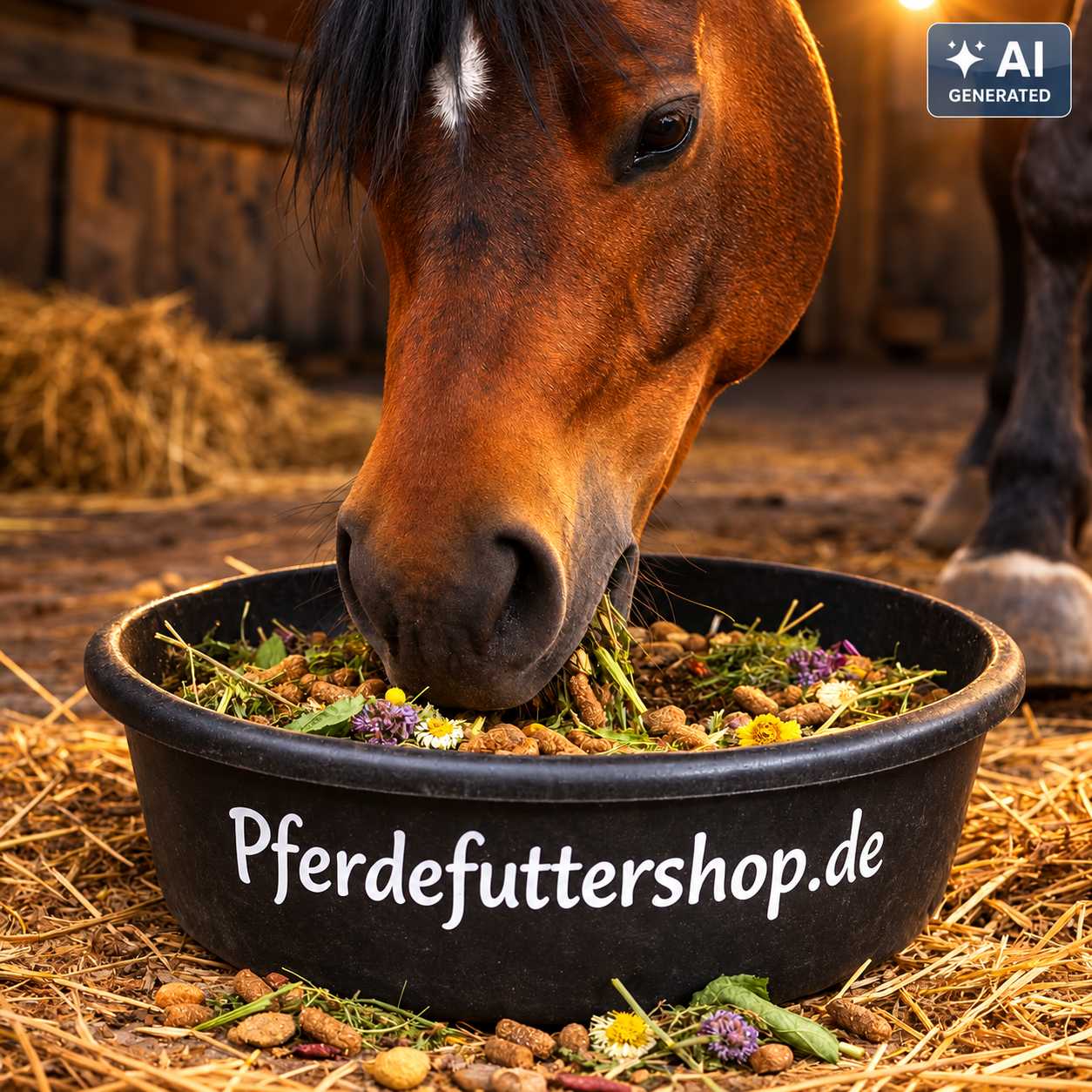 Braunes Pferd frisst strukturreiches Pferdefutter mit Pellets, Kräutern und Pflanzenfasern aus einem schwarzen Futtertrog mit der Aufschrift „Pferdefuttershop.de“