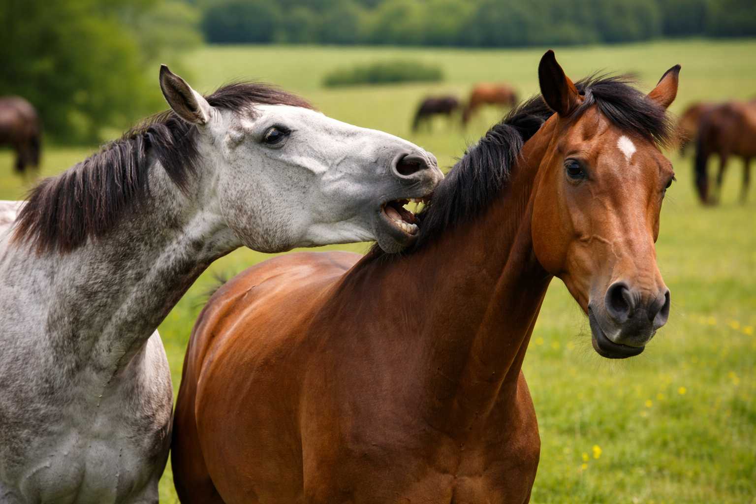 Graues Pferd knabbert spielerisch an der Mähne eines braunen Pferdes auf einer grünen Weide