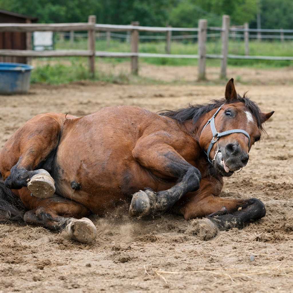 Braunes Pferd mit Halfter liegt auf dem Paddock und wälzt sich im Sand, Staub wirbelt um seinen Körper, im Hintergrund ein Holzzaun.