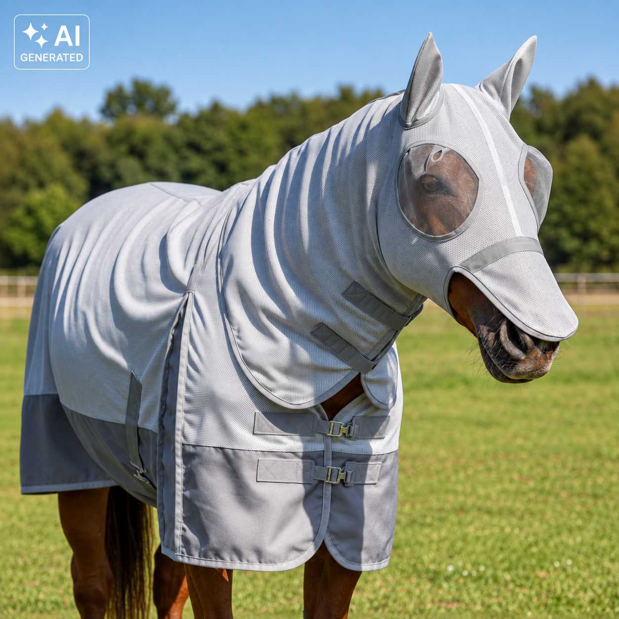 Pferd trägt eine helle Fliegenschutzdecke mit Kopfmaske auf der Weide