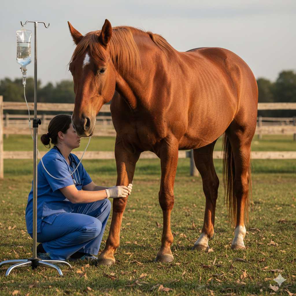Tierärztin verabreicht einem braunen Pferd auf einer Weide eine Infusion über einen Tropfständer und kontrolliert dabei das Vorderbein