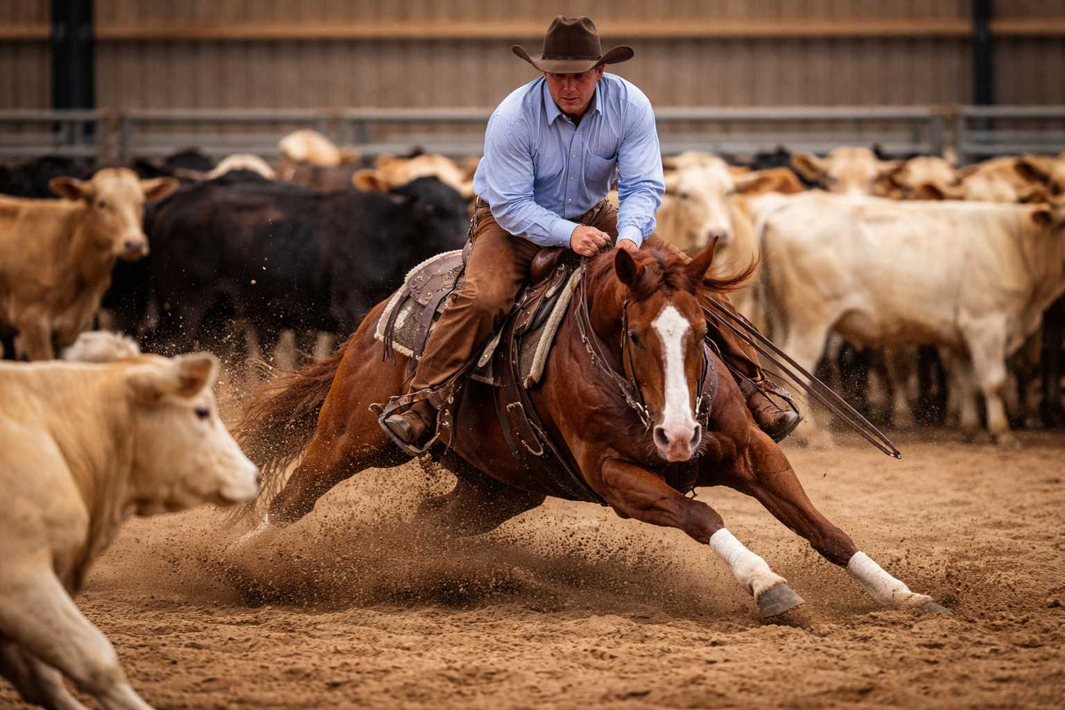 Cowboy reitet ein wendiges Pferd bei der Rinderarbeit in einer Arena und trennt ein Rind aus der Herde