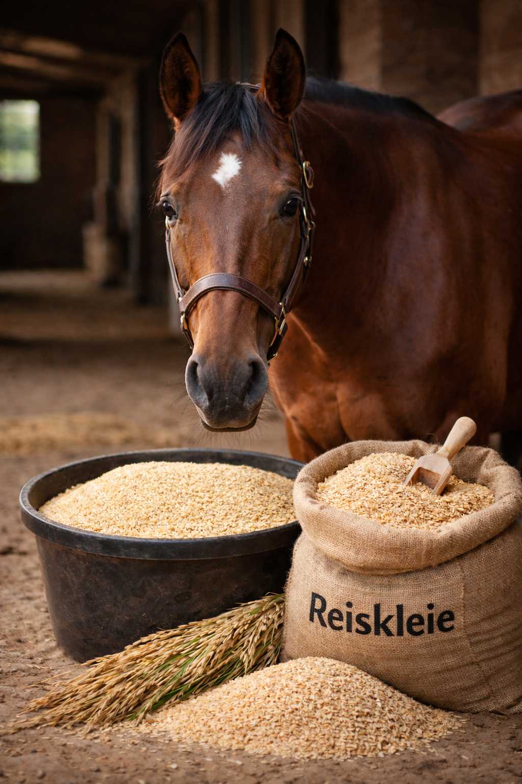 Pferd im Stall neben einem Sack Reiskleie und Futtereimer mit Reiskleie als Zusatzfutter