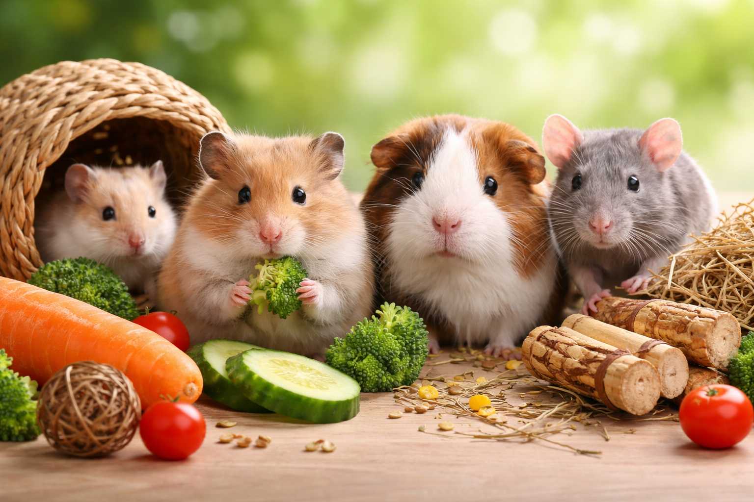 Hamster, Meerschweinchen und Ratte sitzen zusammen vor frischem Gemüse und Kleintierfutter