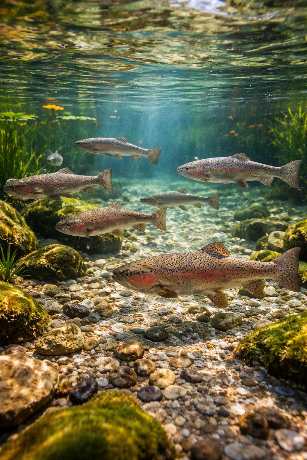 Mehrere Forellen schwimmen in einem klaren Bach mit Kiesboden und Wasserpflanzen aus Unterwasserperspektive