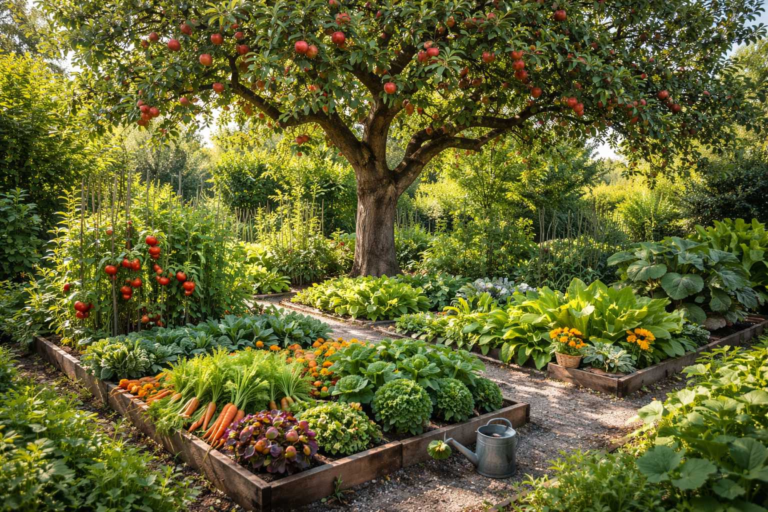 Vielfältiger Gemüsegarten mit Hochbeeten, Karotten, Salat und Tomaten unter einem großen Obstbaum mit reifen Früchten