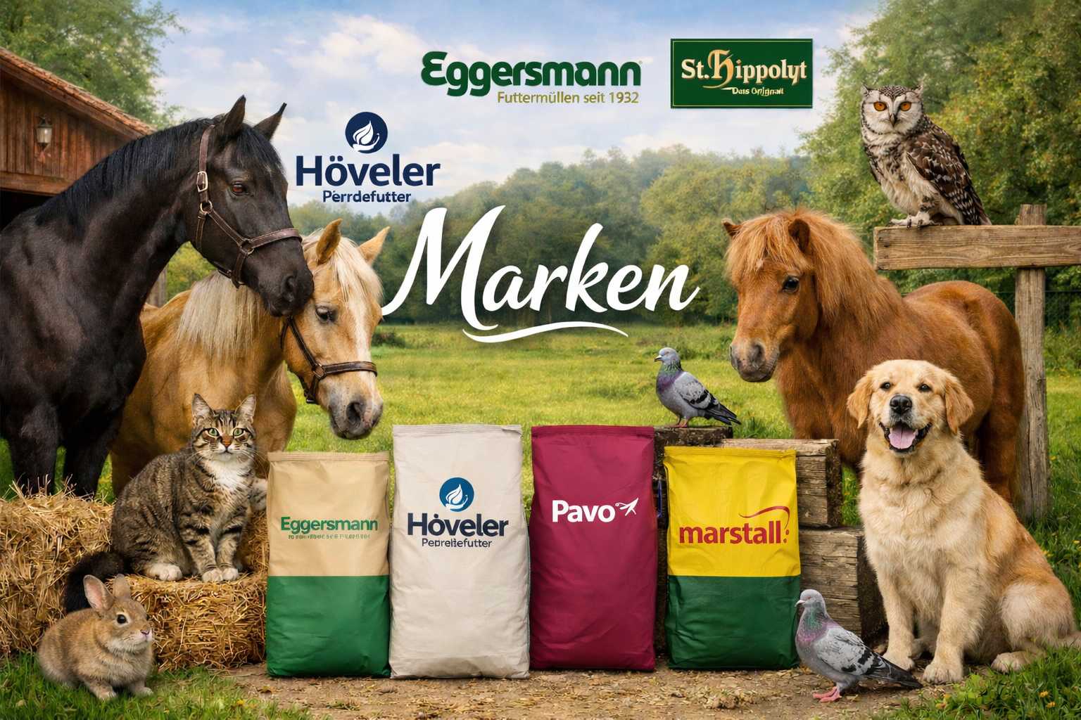 Pferde, Hund und Katze vor verschiedenen Futtersäcken bekannter Marken wie Eggersmann, Höveler, Pavo und marstall auf einem Hof