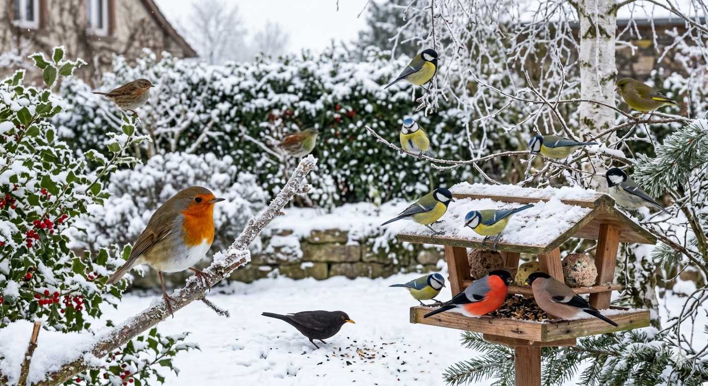 Mehrere Gartenvögel wie Rotkehlchen, Meisen und Amsel fressen an einem Vogelhaus in einem verschneiten Garten