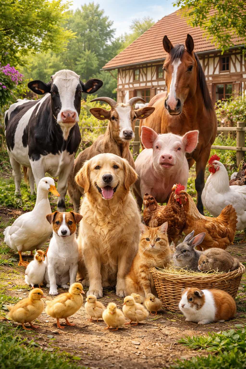 Kuh, Pferd, Ziege, Schwein, Hund, Katze, Hühner, Enten und Kaninchen zusammen auf einem Bauernhof