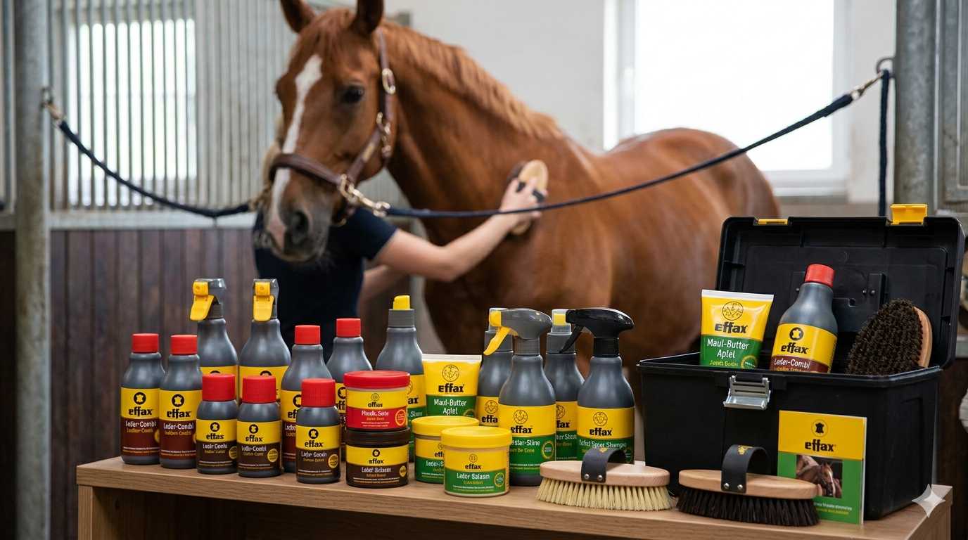 Effax Pflegeprodukte für Leder und Pferd auf einem Tisch im Stall, während ein Pferd im Hintergrund gebürstet wird