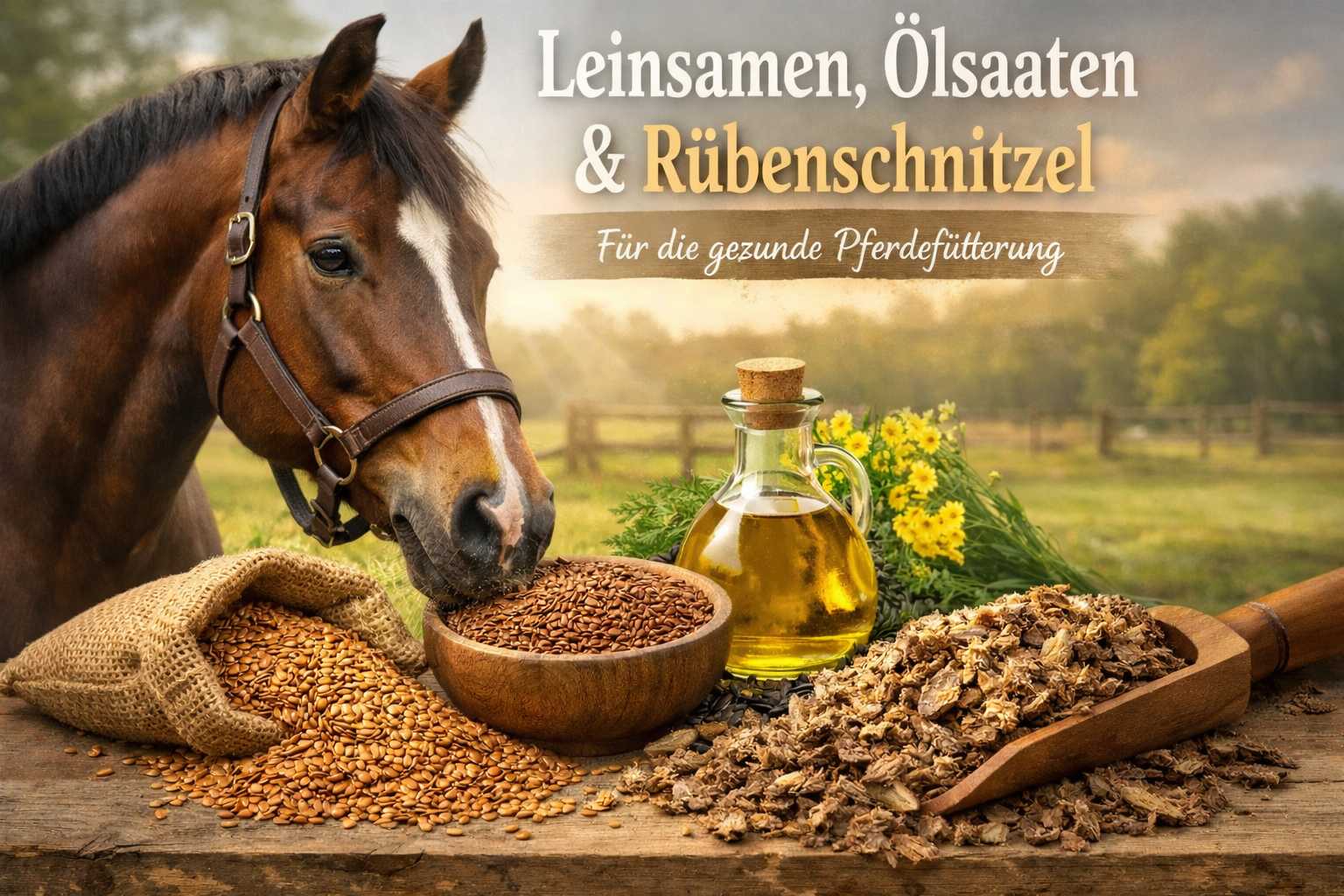 Braunes Pferd neben Leinsamen, Pflanzenöl und Rübenschnitzeln als gesunde Ergänzung für die Pferdefütterung