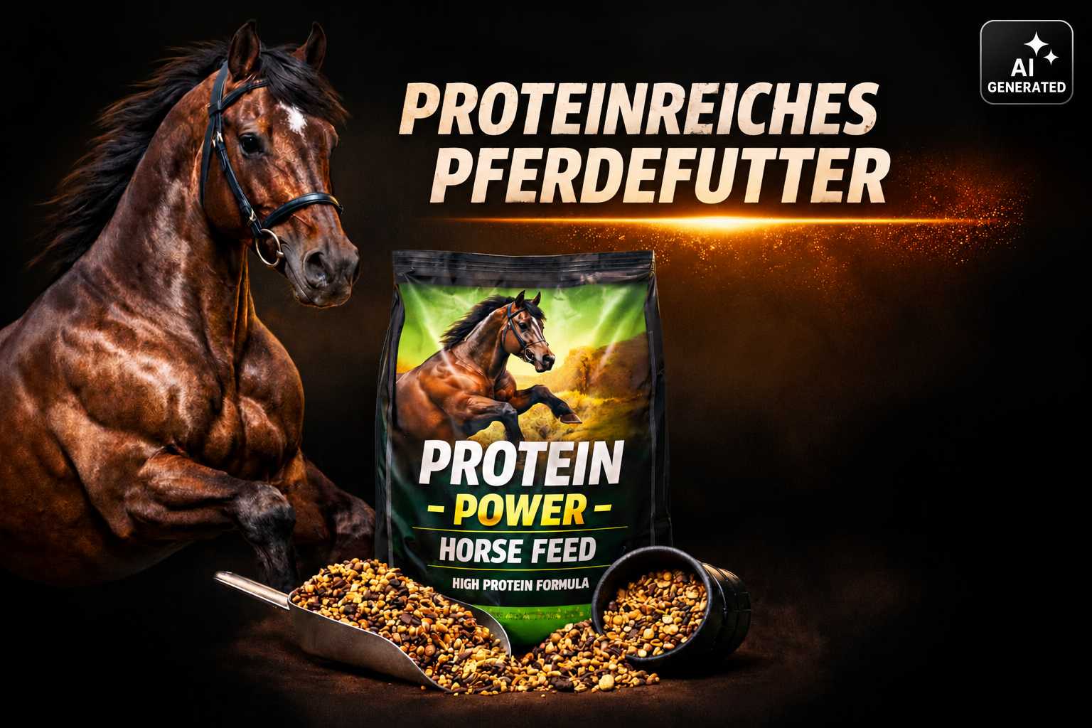 Muskulöses braunes Pferd neben einem grünen Futtersack mit der Aufschrift „Protein Power Horse Feed“. Im Vordergrund liegen verschiedene Futtermischungen und Pellets.
