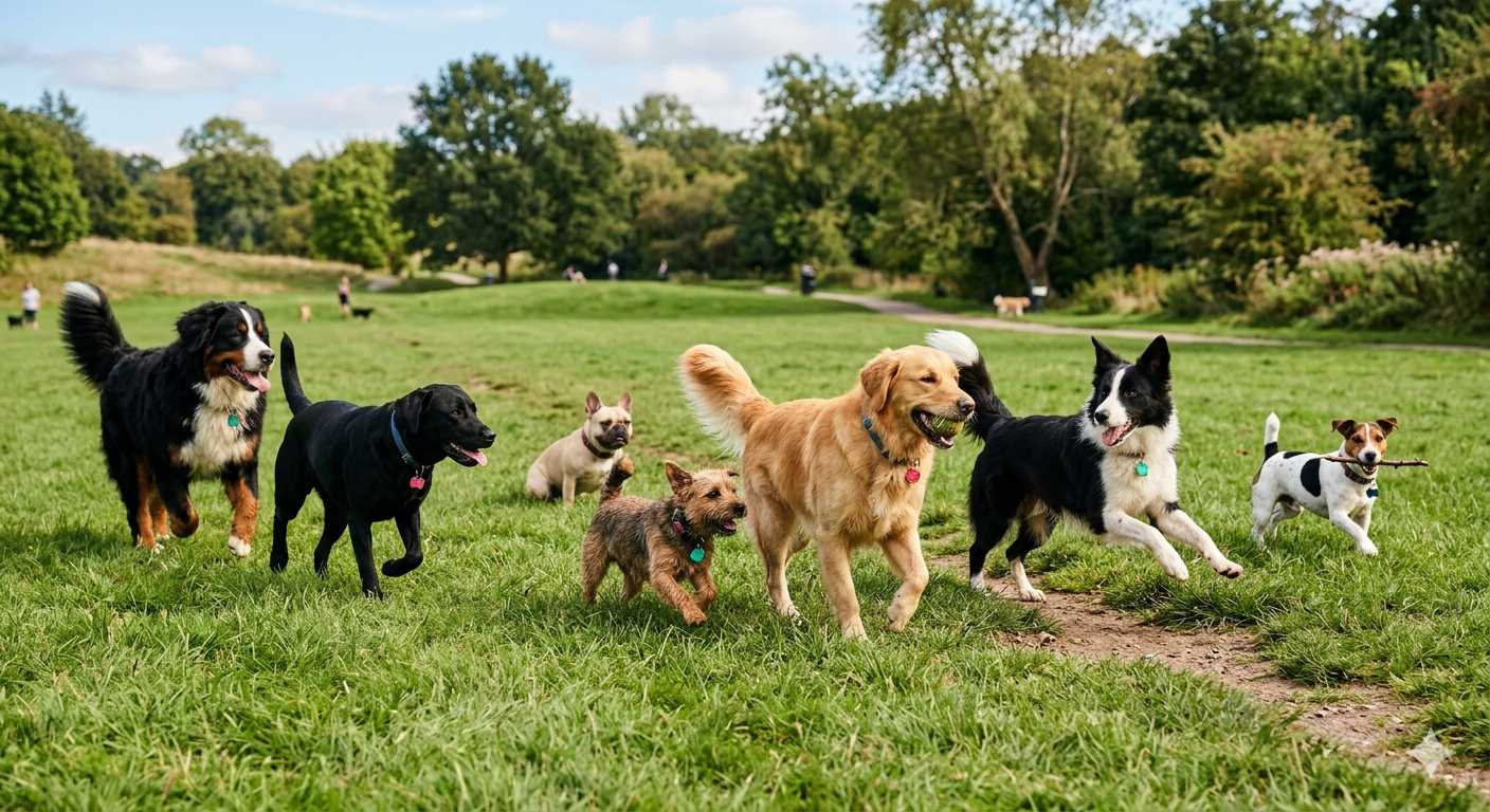 Gruppe von Hunden unterschiedlicher Rassen läuft und spielt gemeinsam auf einer Wiese im Park