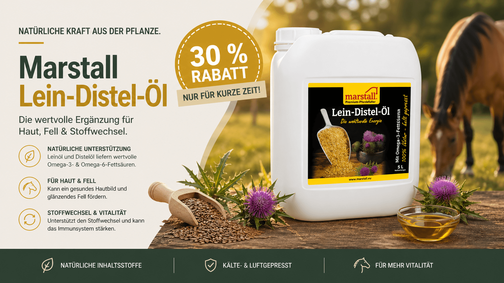 Marstall Lein-Distel-Öl für Pferde – hochwertige Öl-Ergänzung für Haut, Fell und Stoffwechsel mit Rabatt