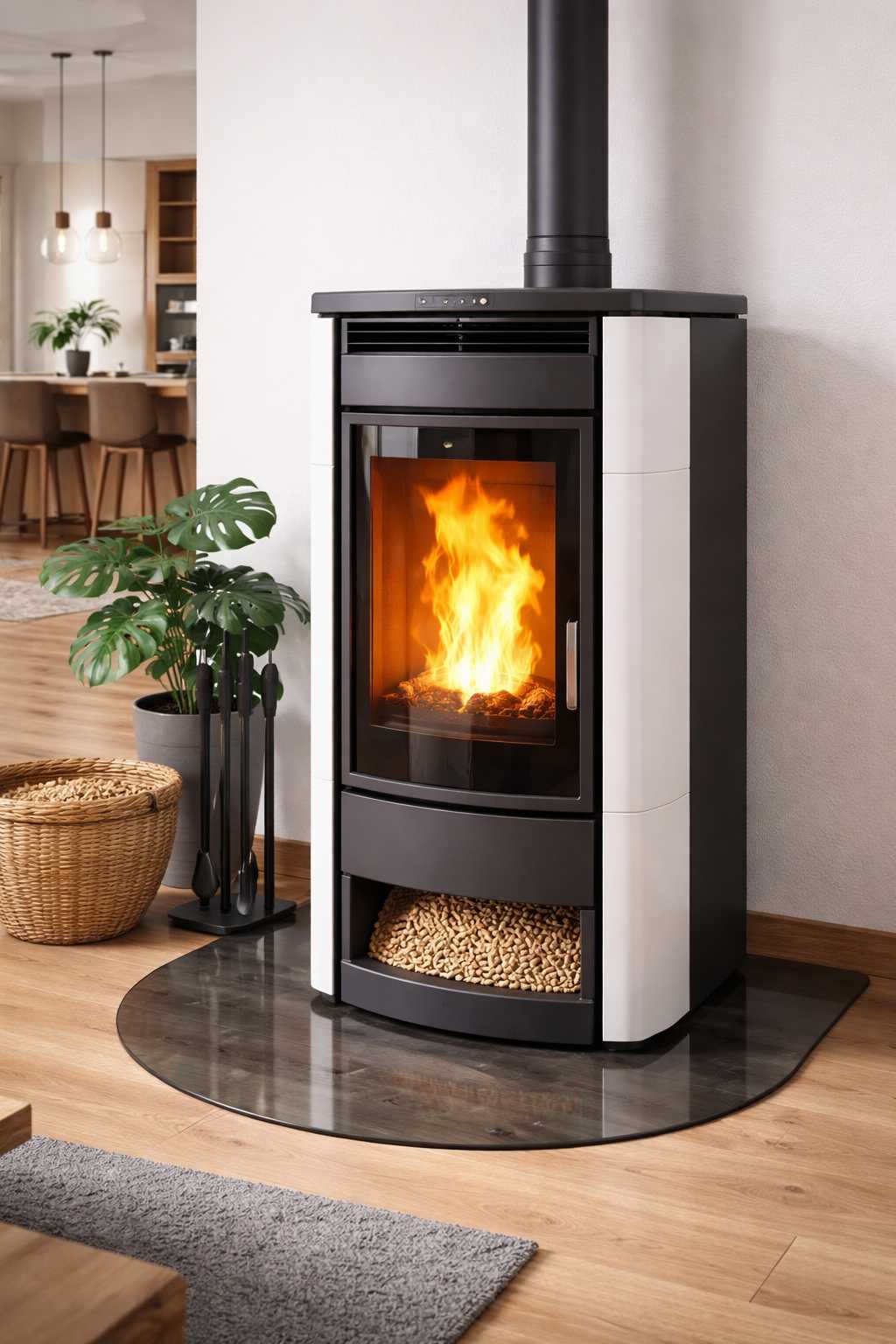 Moderner Pelletofen mit sichtbarer Flamme im Wohnzimmer, ausgestattet mit Holzpellets für nachhaltige Wärme