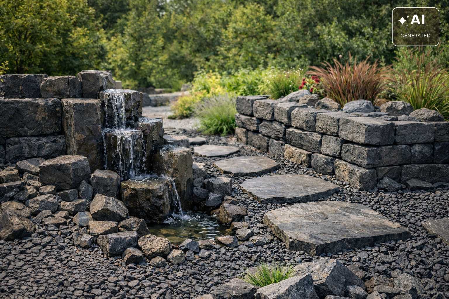 Gartengestaltung mit dunklen Natursteinen, kleinem Wasserfall und Trittsteinweg