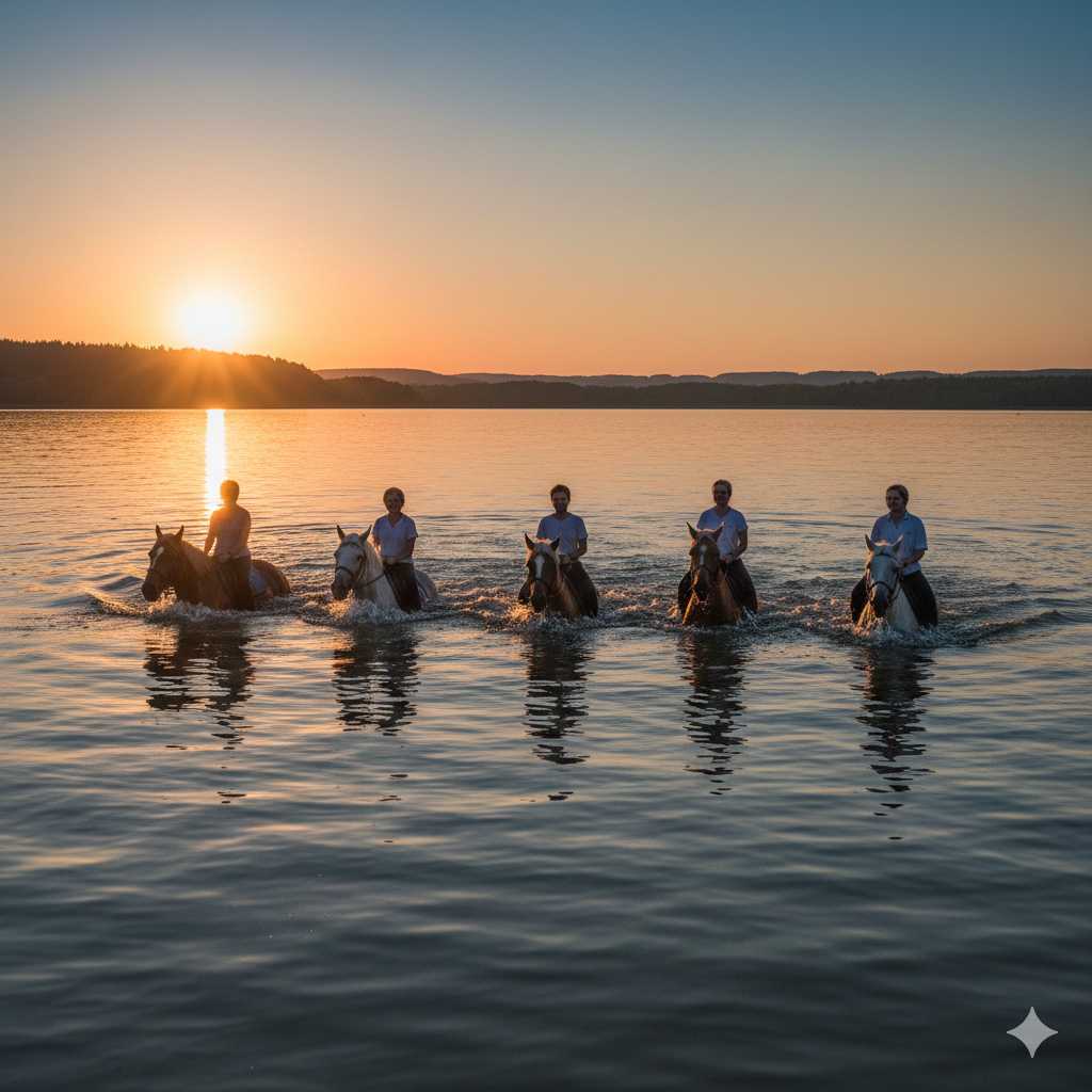 Fünf Reiter reiten mit ihren Pferden durch einen See im warmen Licht des Sonnenuntergangs; das Wasser spiegelt die untergehende Sonne und die Silhouetten der Reiter.