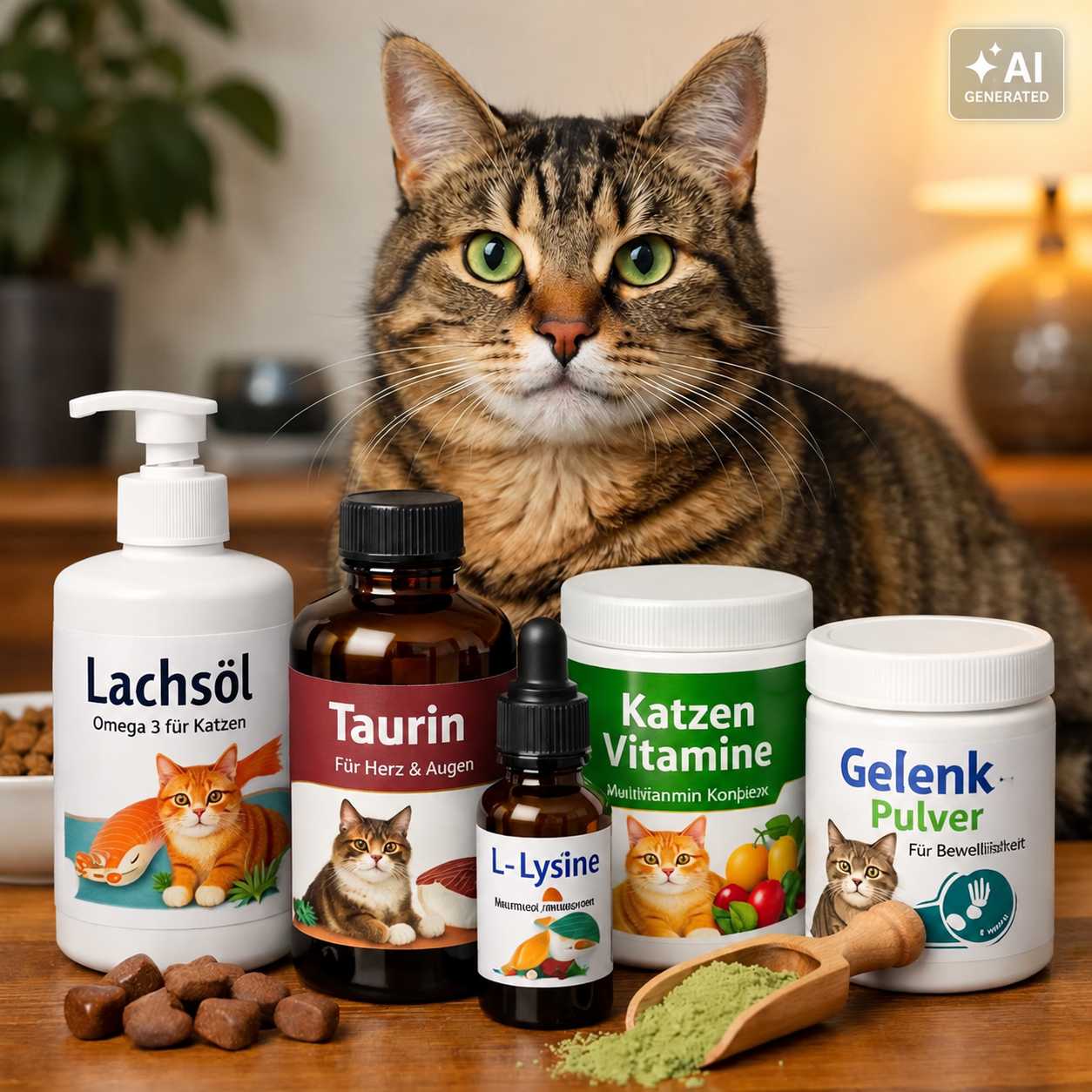 Getigerte Katze sitzt hinter verschiedenen Ergänzungsfuttermitteln und Snacks