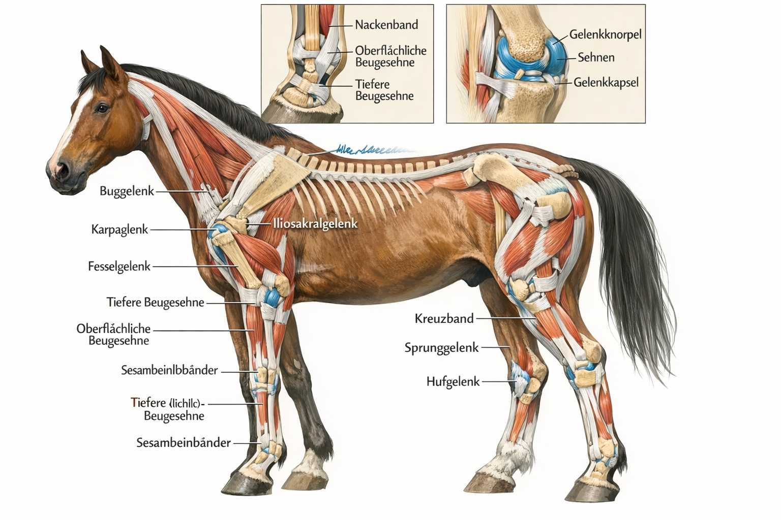 Illustration der Pferdeanatomie mit Darstellung von Muskeln, Sehnen, Bändern und wichtigen Gelenken wie Karpalgelenk, Fesselgelenk und Sprunggelenk