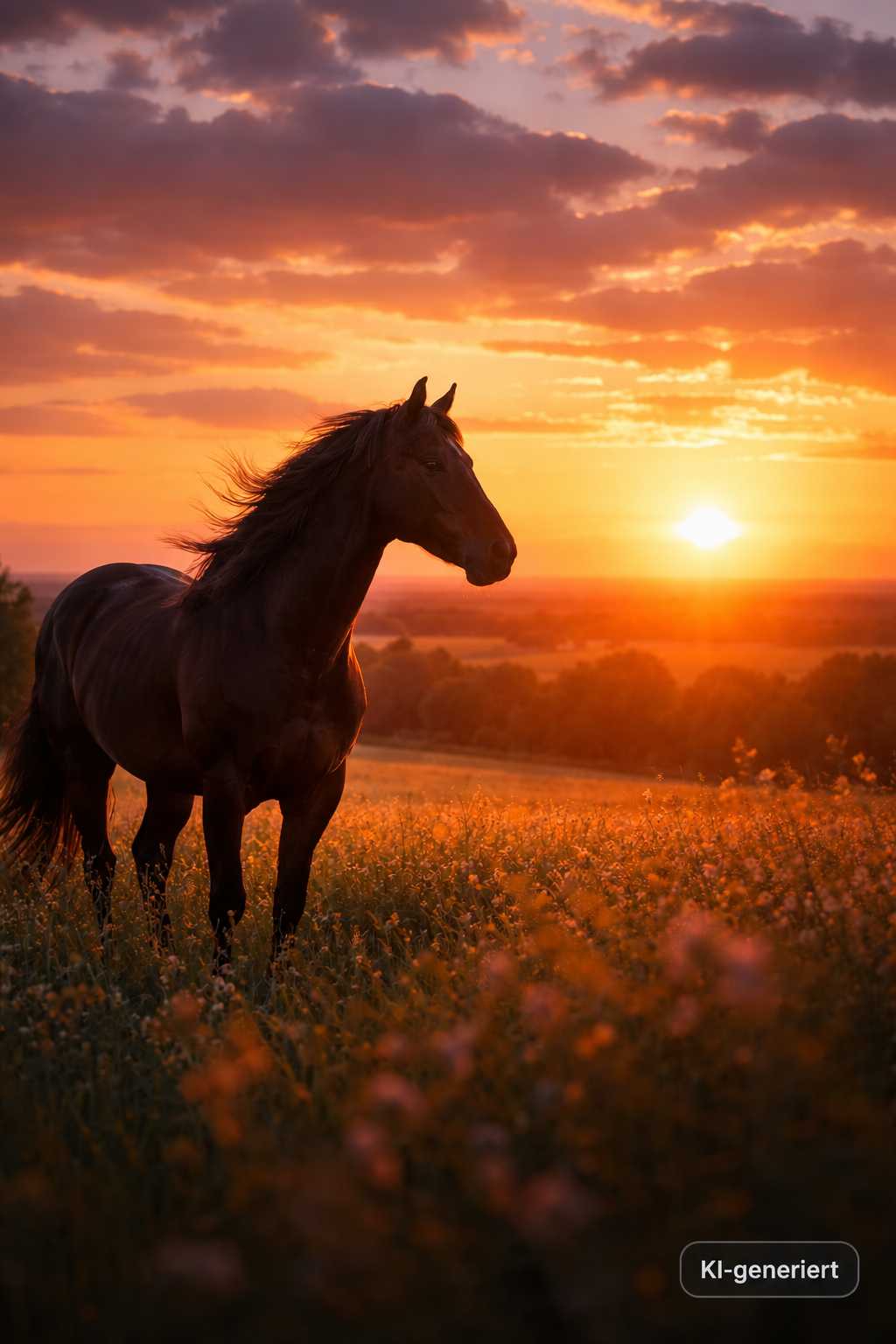 Braunes Pferd mit wehender Mähne steht auf einer blühenden Wiese und blickt in Richtung der untergehenden Sonne. Der Himmel leuchtet in warmen Orange- und Rottönen.