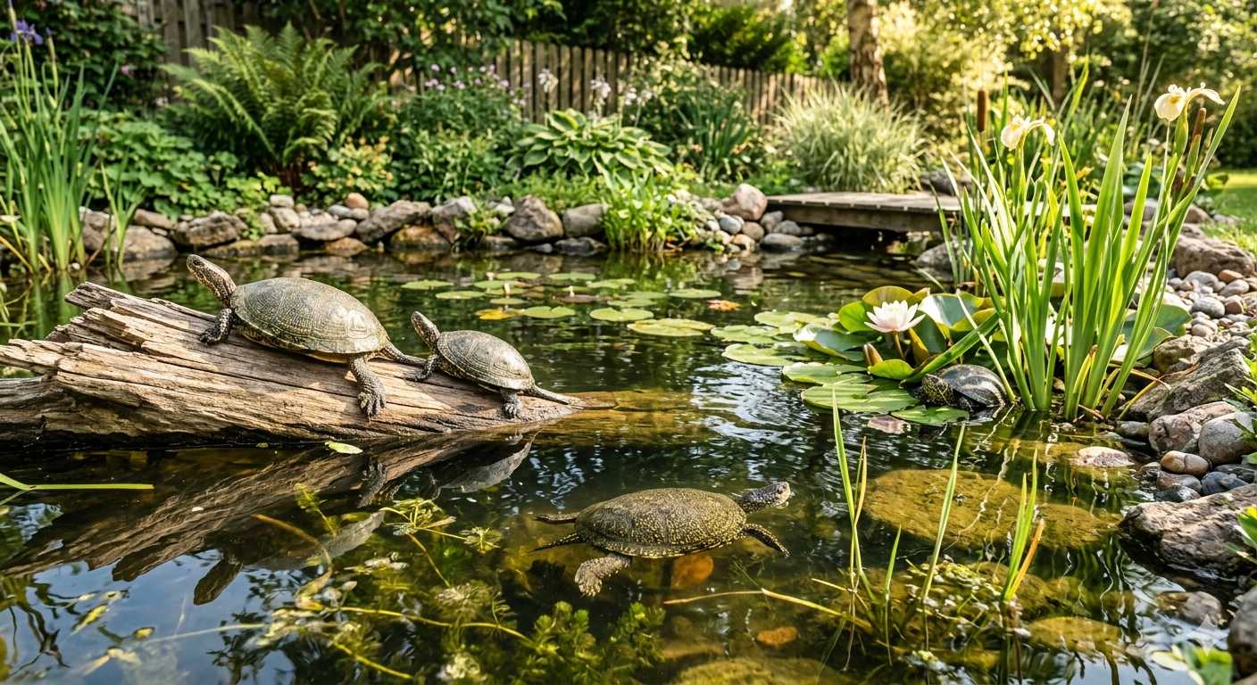Mehrere Wasserschildkröten schwimmen und sonnen sich auf einem Holzstamm in einem natürlichen Gartenteich