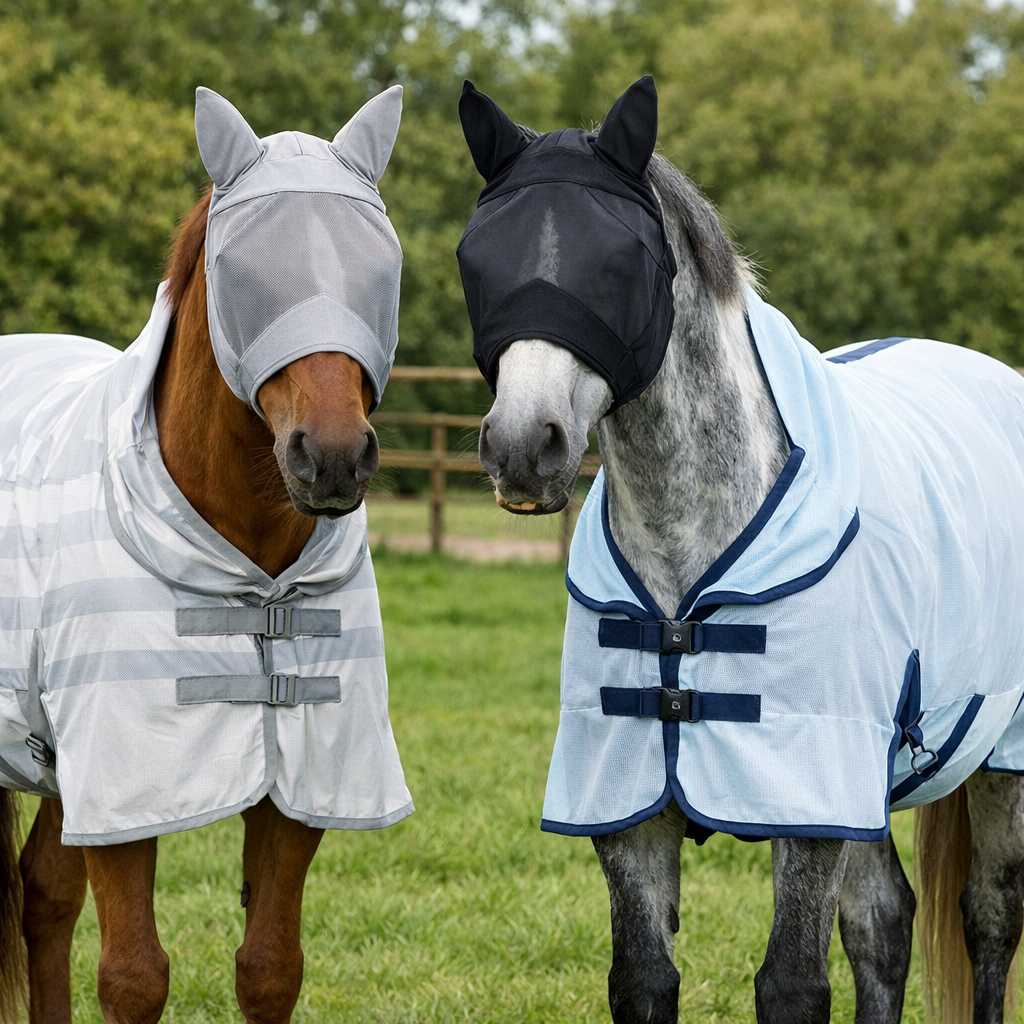 Zwei Pferde stehen auf einer grünen Weide und tragen helle Fliegendecken sowie Fliegenmasken zum Schutz vor Insekten.