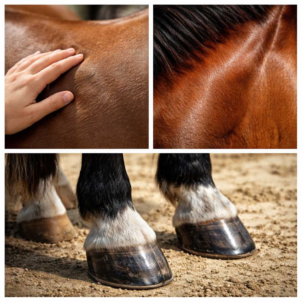 Detailaufnahmen eines Pferdes mit Hand auf dem Fell, Nahaufnahme der Mähne und Pferdehufen auf sandigem Boden