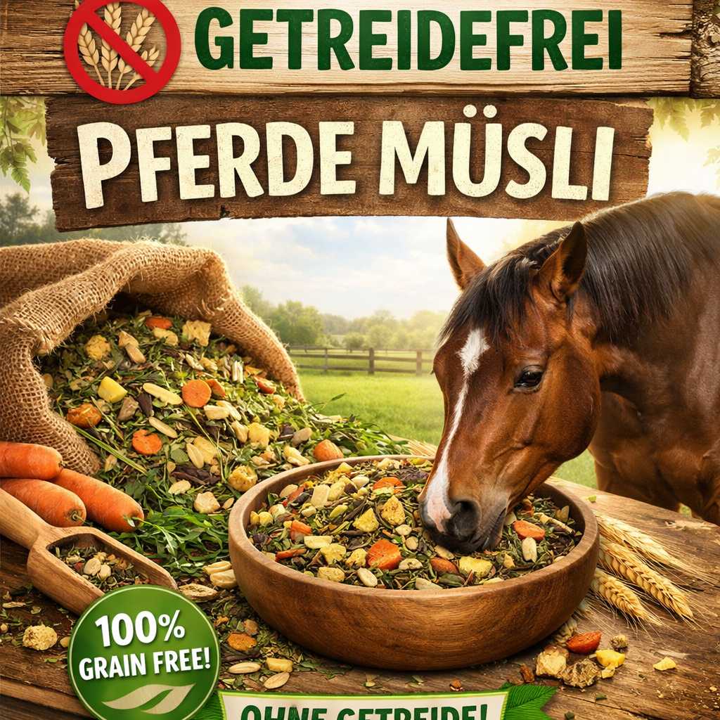 Ein Pferd frisst getreidefreies Müsli aus einer Schüssel, umgeben von natürlichen Zutaten wie Karotten, Kräutern und Saaten, mit Hinweis auf 100 % grain free.