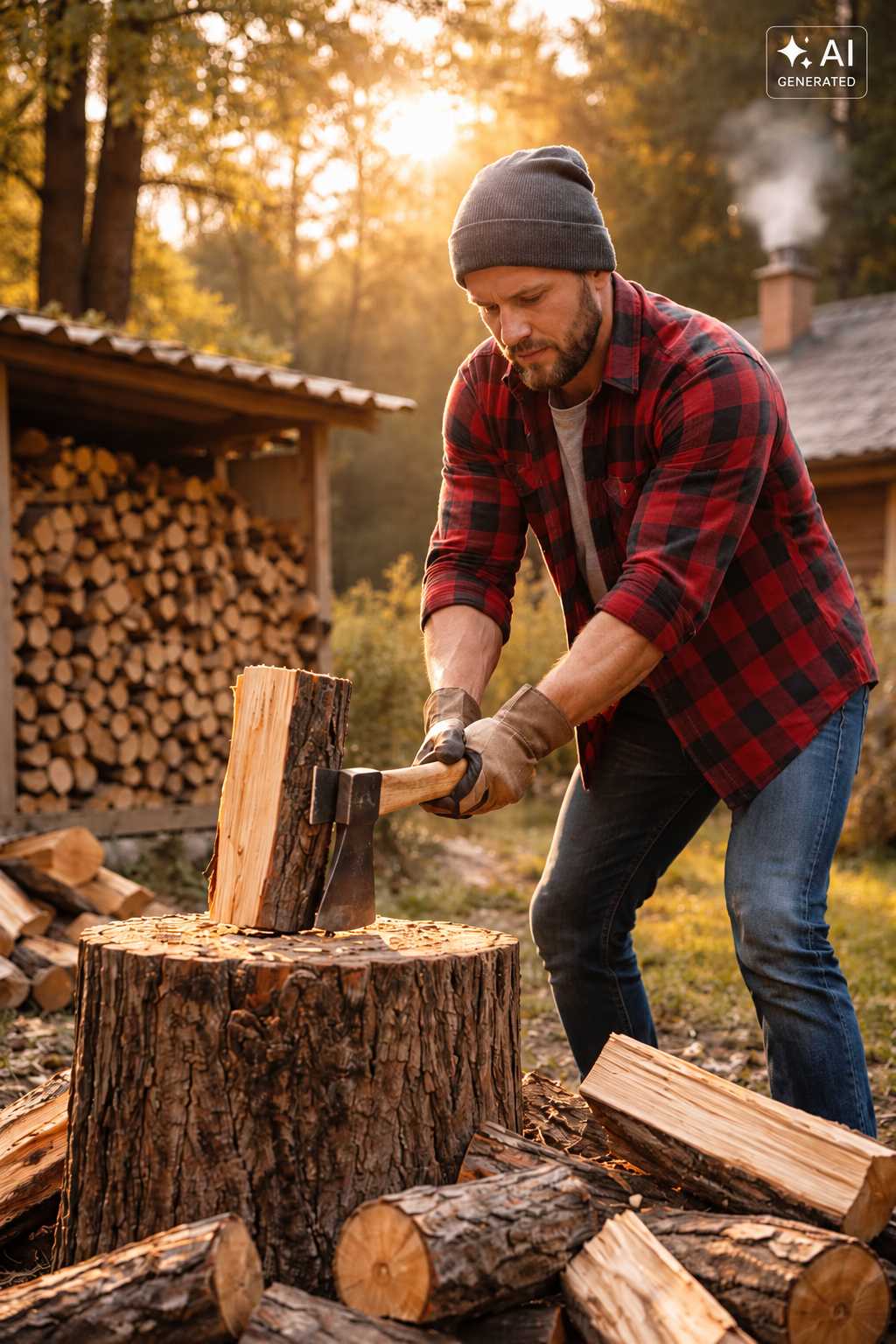 Mann beim Holzspalten vor einem gut gefüllten Brennholzlager
