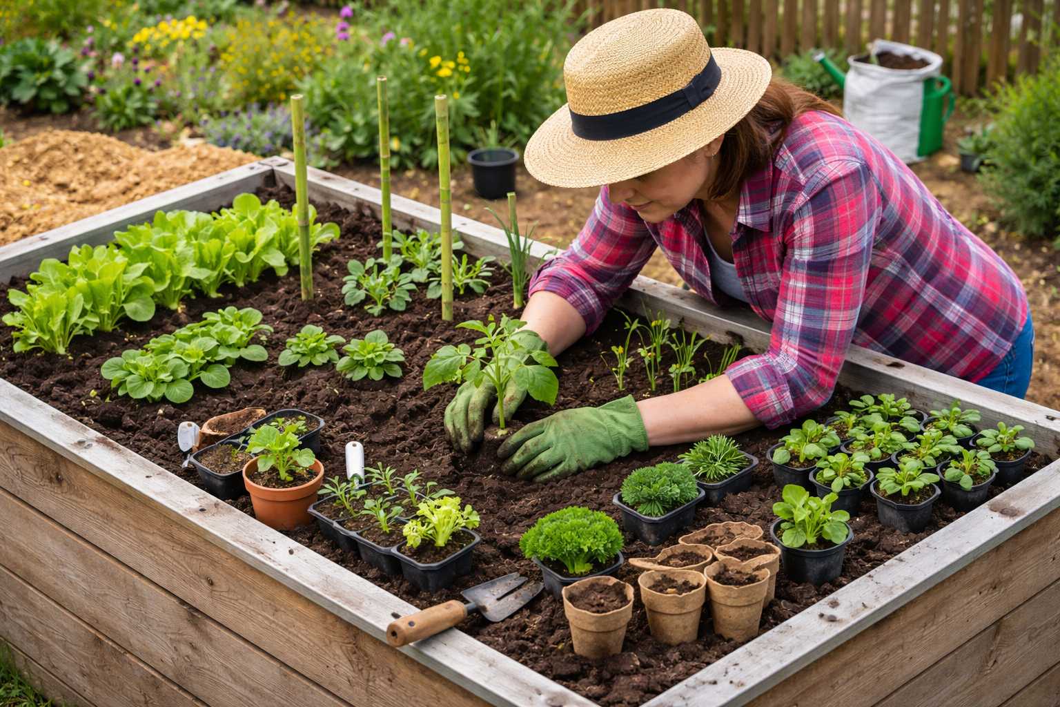 Frau pflanzt junge Gemüse- und Kräuterpflanzen in ein Hochbeet im Garten mit Handschuhen und Strohhut