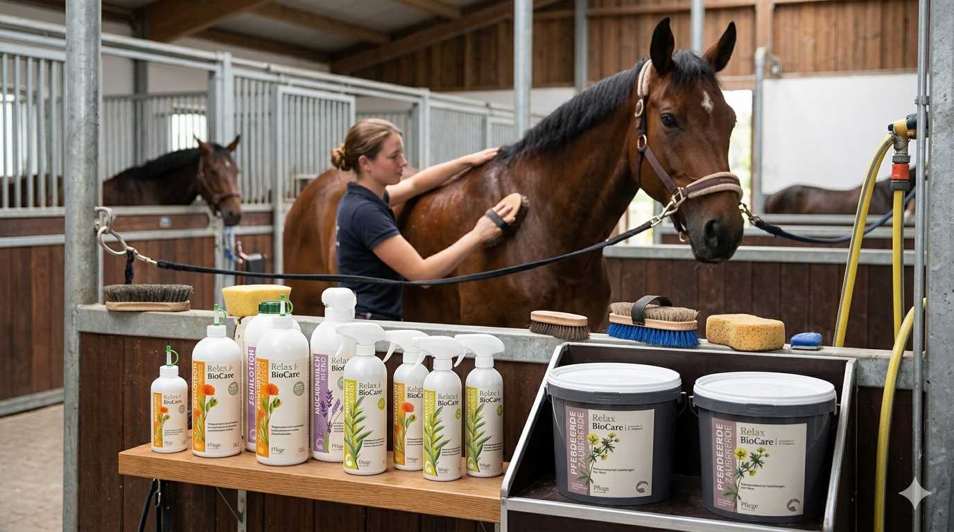 Pferd wird im Stall gepflegt, davor stehen verschiedene Pflegeprodukte, Bürsten und Zubehör.